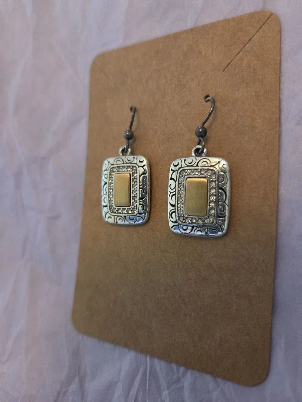 Brighton Two Tone Mixed Metal Filigree Rectangle Crystal Drop Earrings - Picture 3 of 3